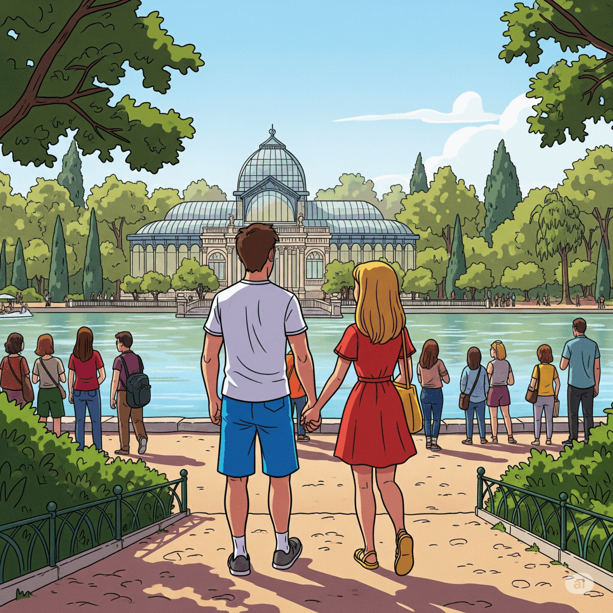 Pareja andando en el Parque del Retiro en Madrid, cerca de El Hachazo Atocha despues de una cita a donde se tiran hachas juntos y disfrutan bebidas, una cita muy original