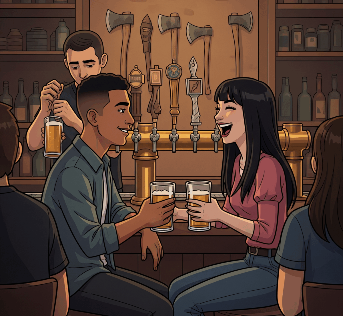 pareja disfrutando de una cerveza, un hidromel, une refresco y une snack hablando en El Hachazo Atocha Madrid de lanzamiento de hachas y del inolvidable cita que estan pasando
