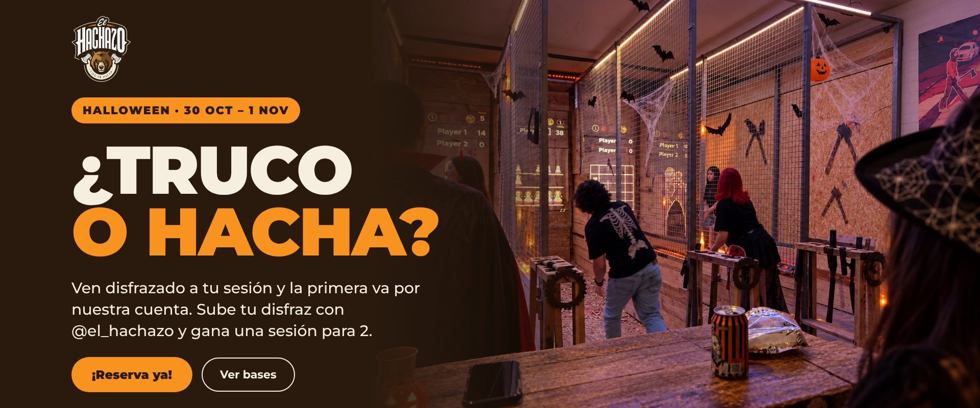 ¿Truco o hacha? Halloween en El Hachazo del 30 de octubre al 1 de noviembre: ven disfrazado a tu sesión y la primera va por nuestra cuenta
